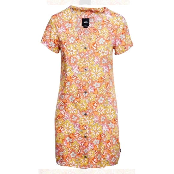 VANS resort floral brunching buttondown mini dress large orange yellow - Picture 3 of 10
